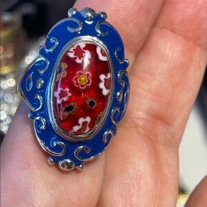 FADI stainless steel and red Millefiori Murano glass ring - size 9